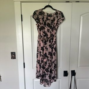 Dress barn, pink and black floral dress with belt.